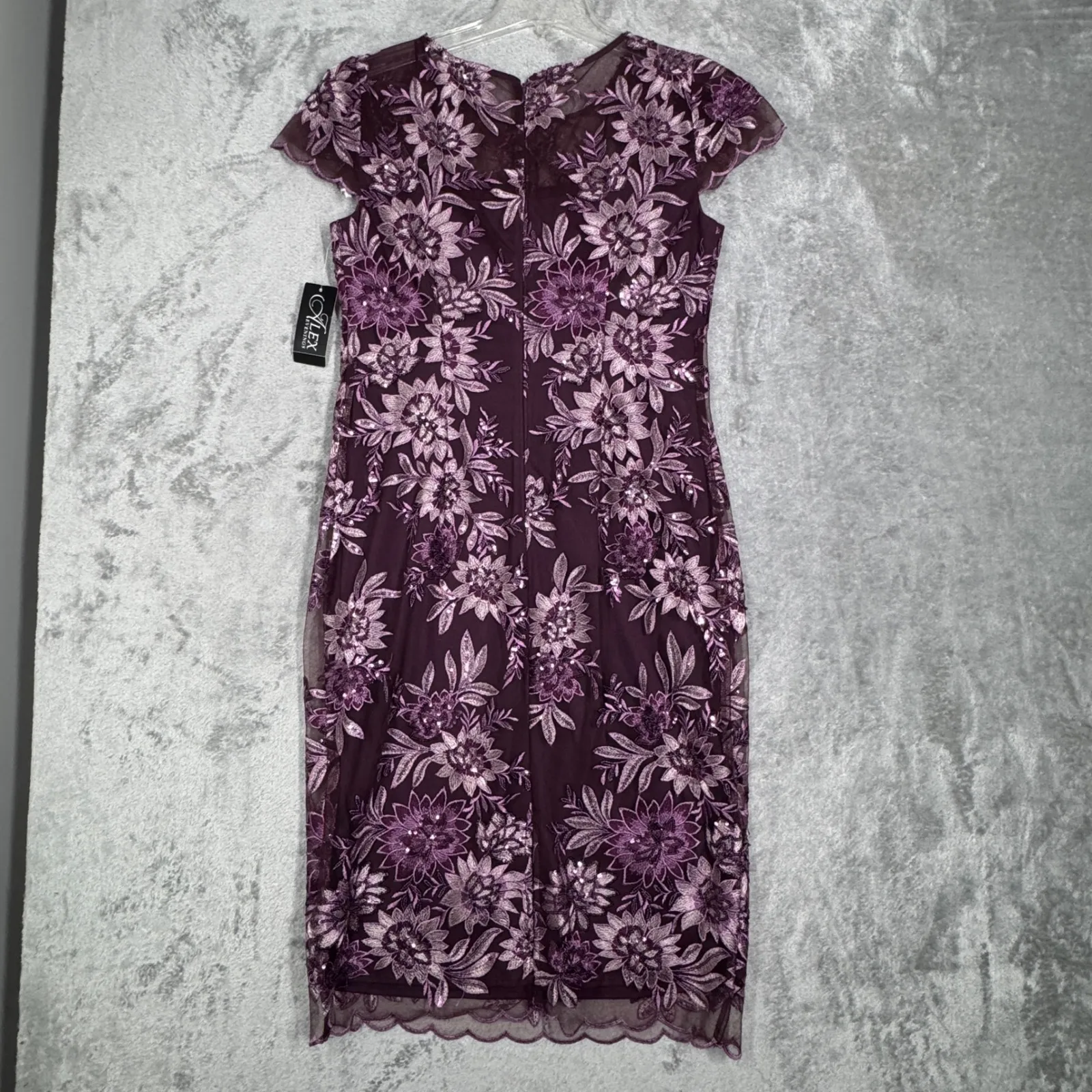 Alex Evenings Dress Women 8 Plum Purple Floral Lace Sequin Sheath Cocktail Party - Image 3