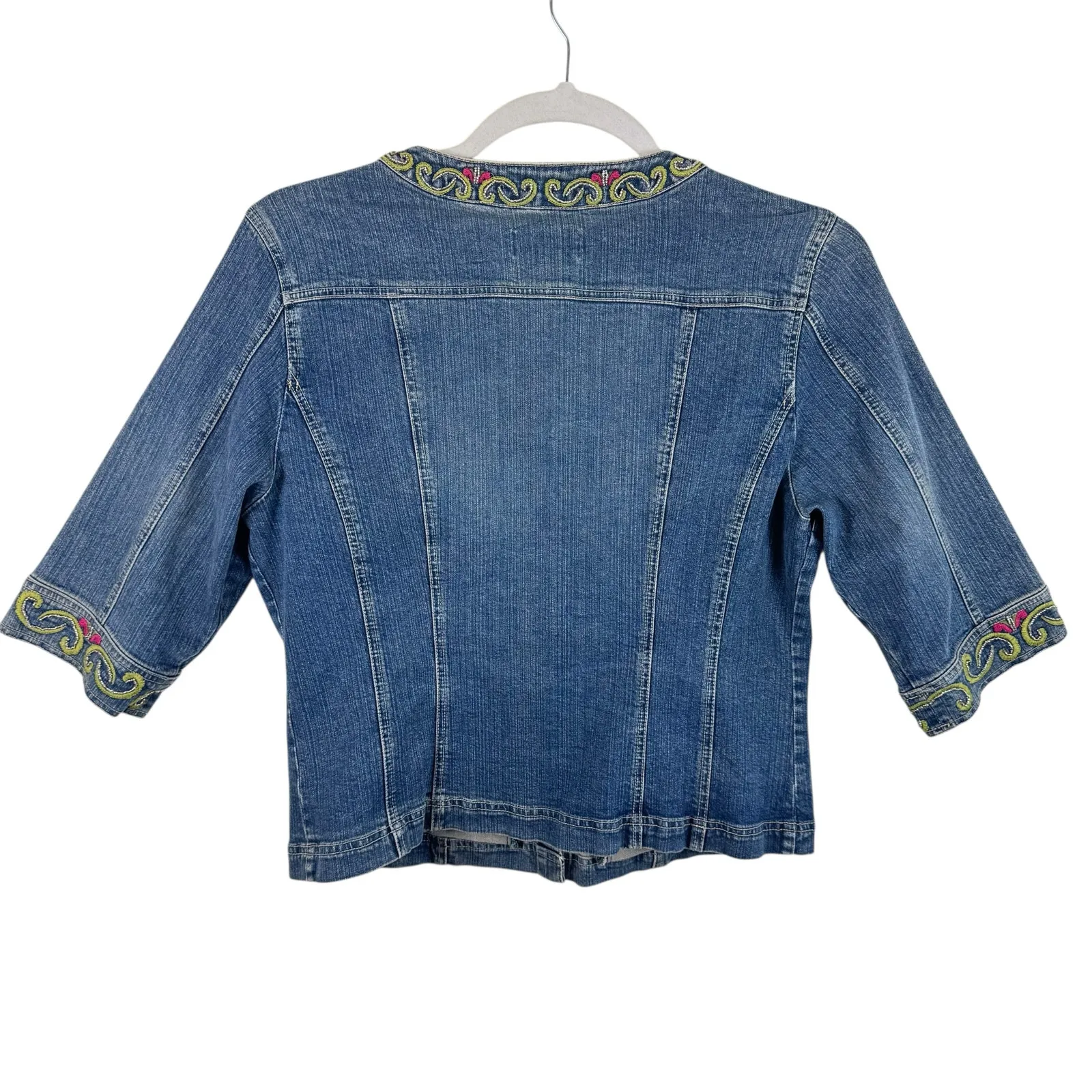 CJ Banks Stretch Cotton Embroidered 3/4 Sleeve Snap Up Jean Jacket Size X 14W Blue - Image 2