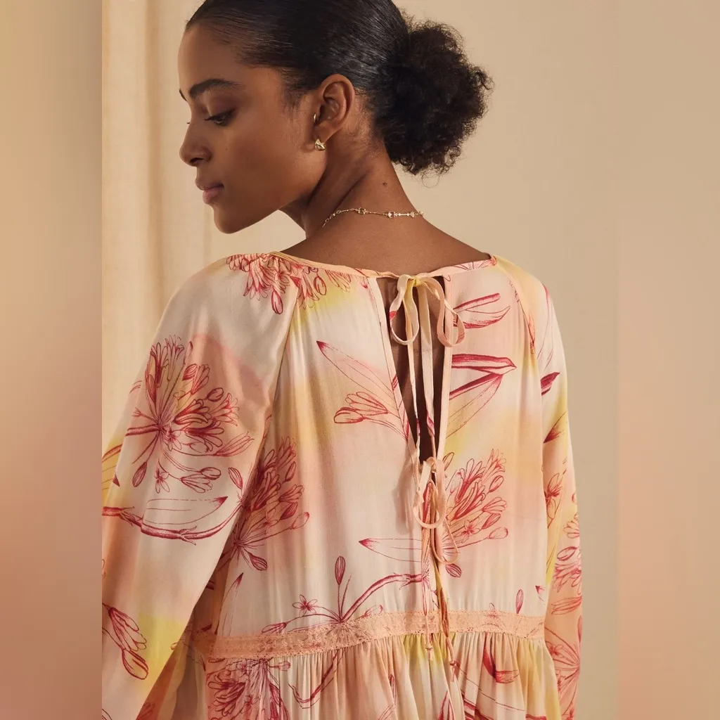 NWT Anthropologie Tiered Puff Sleeve Orange Pastel Flower Design Dress Size XL - Image 3