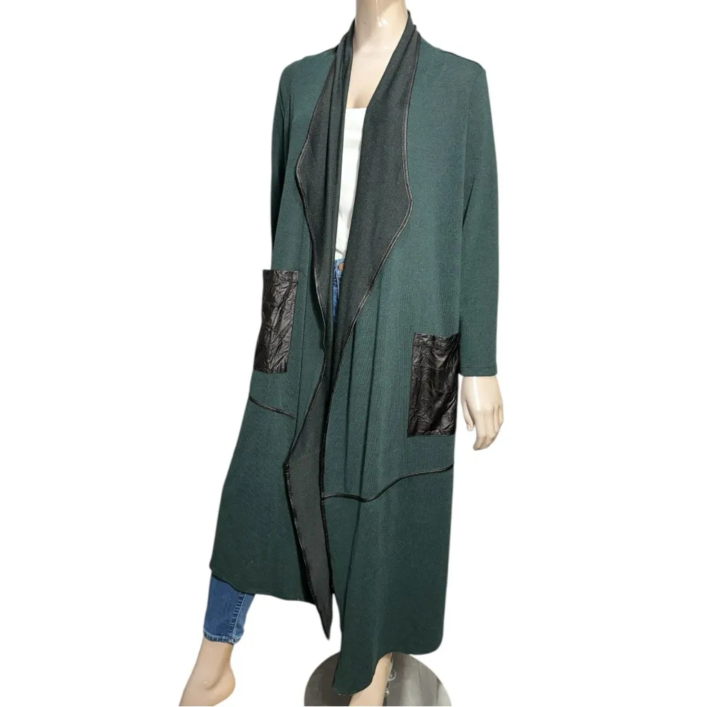Tusso Women’s Size 2 M Dark Green Contrast Black Open Cardigan Duster Sweater Size M - Image 3