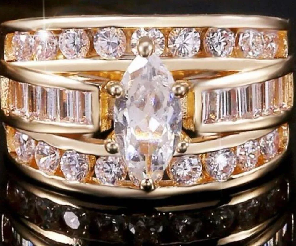 Gorgeous gold band marquise faux diamond Wedding ring set ! so realistic! Size 6 - Image 3