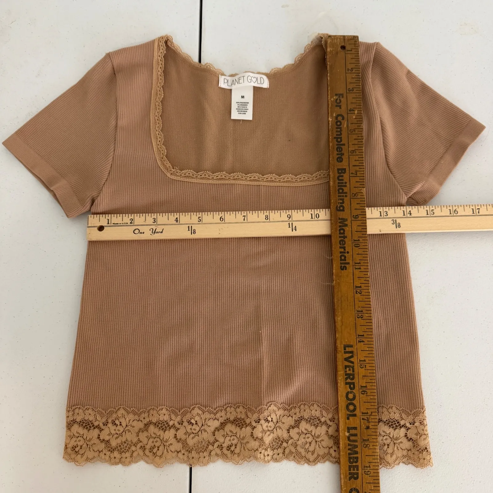 Ribbed Square Neck Lace Trim Top Mocha Brown Womens Medium Neutral - Image 6