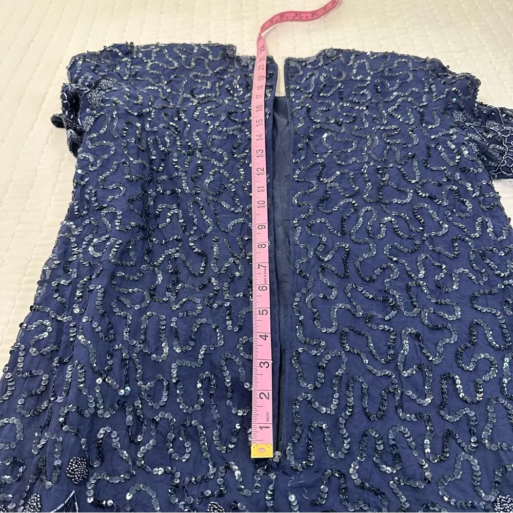 JKARA Navy 100% Silk Chiffon Beaded Sequins Scallop Sleeve And Layered Gown Blue - Image 12