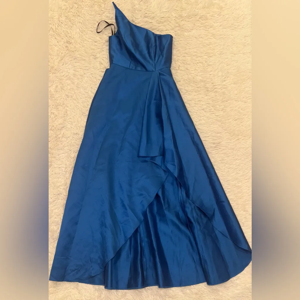 NEW ALFRED SUNG Strapless Satin Classic High Low Hem Dress D831 Blue sz US 2 - Image 3