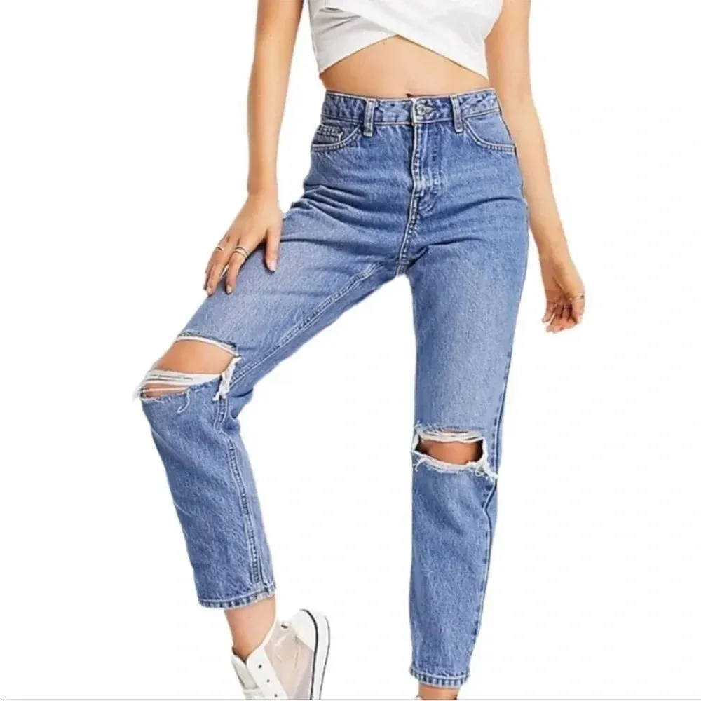 Topshop | Double Ripped Mom Jeans in Mid Medium Blue‎ Wash | size 34 x 28 - Image 3