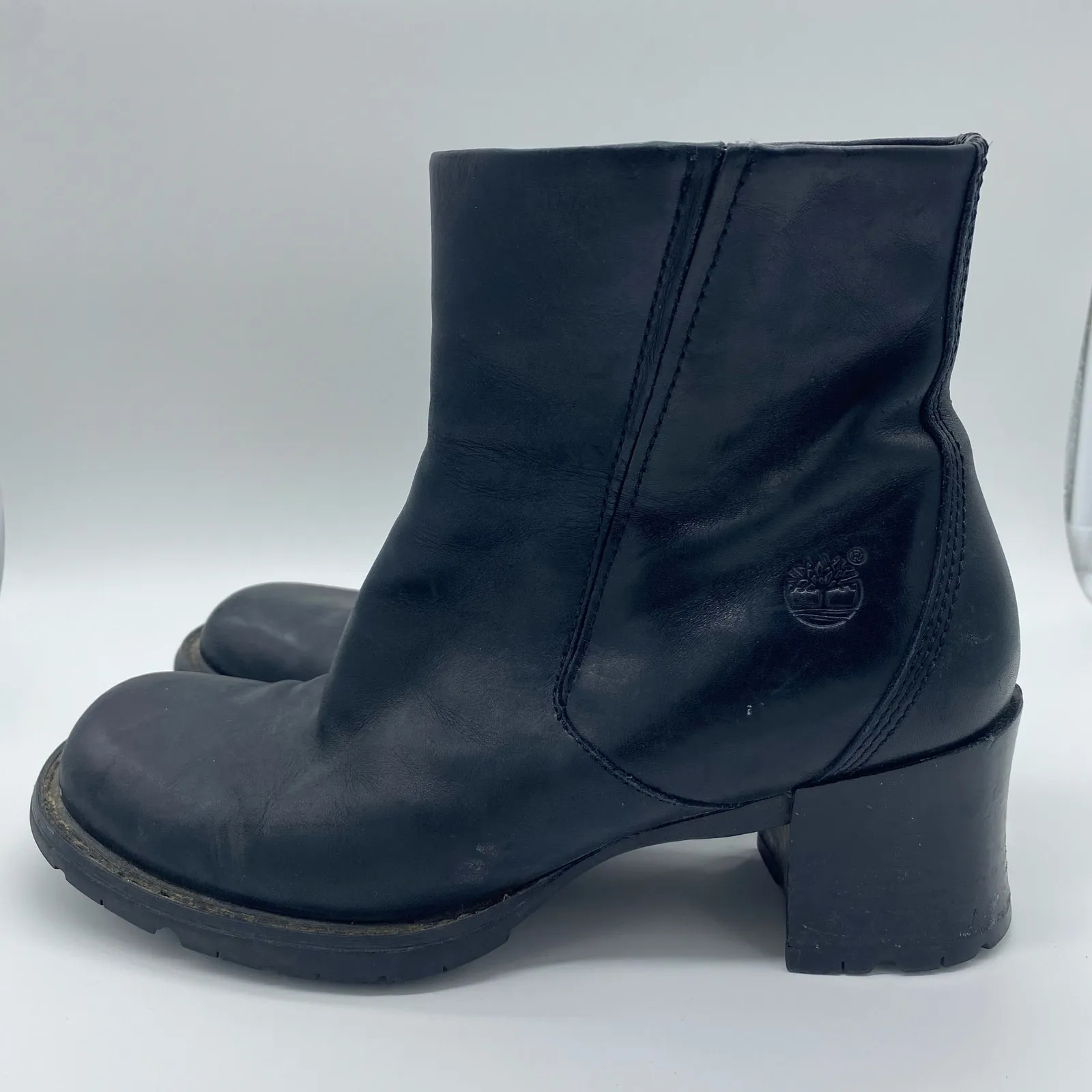 Timberland Alyse Black Leather Block Heel Ankle Boots Moto Y2K Women's size 7 - Image 3