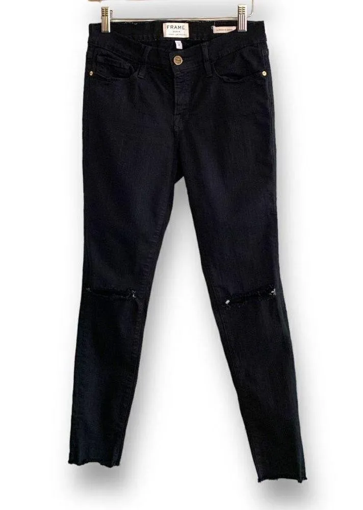 Frame Le Skinny De Jeanne Noir Rips Jeans Black Raw Hem Destroyed Midrise Denim - Image 10