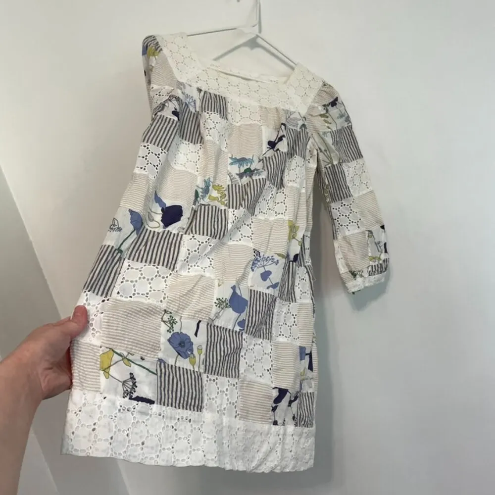 THREAD SOCIAL White Blue Patchwork Striped Floral Seersucker Eyelet Cotton Dress Size 6 - Image 11