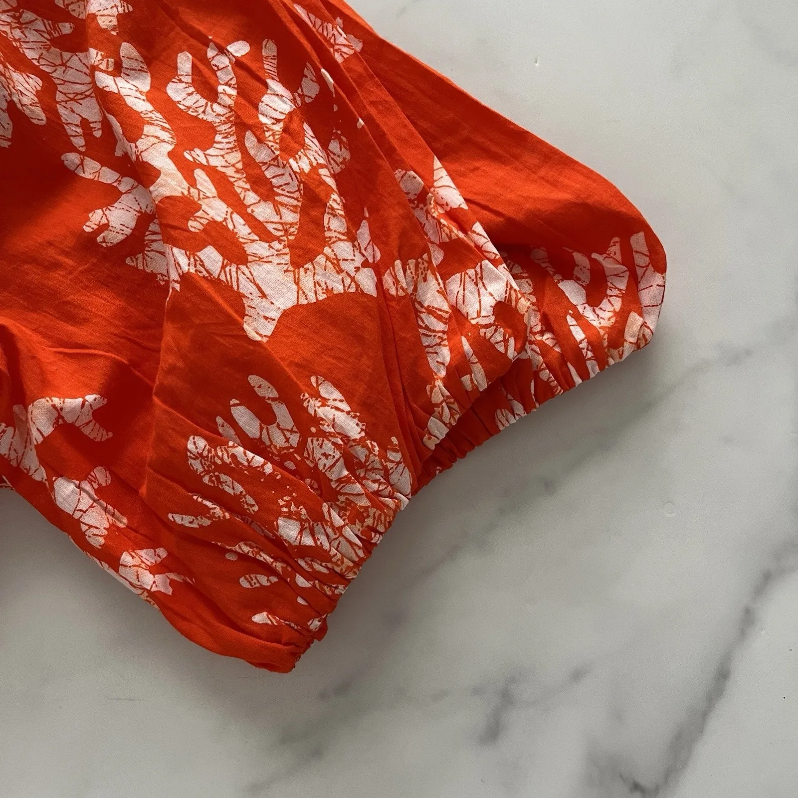 Karen Kane cotton mini dress puff sleeve Coral print sz Small Coastal Boho Chic - Image 10