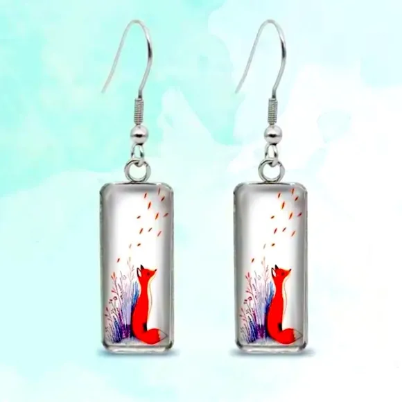 🦊 Spring Fox rectangle drop earrings dangle flower silver NEW Orange - Image 2