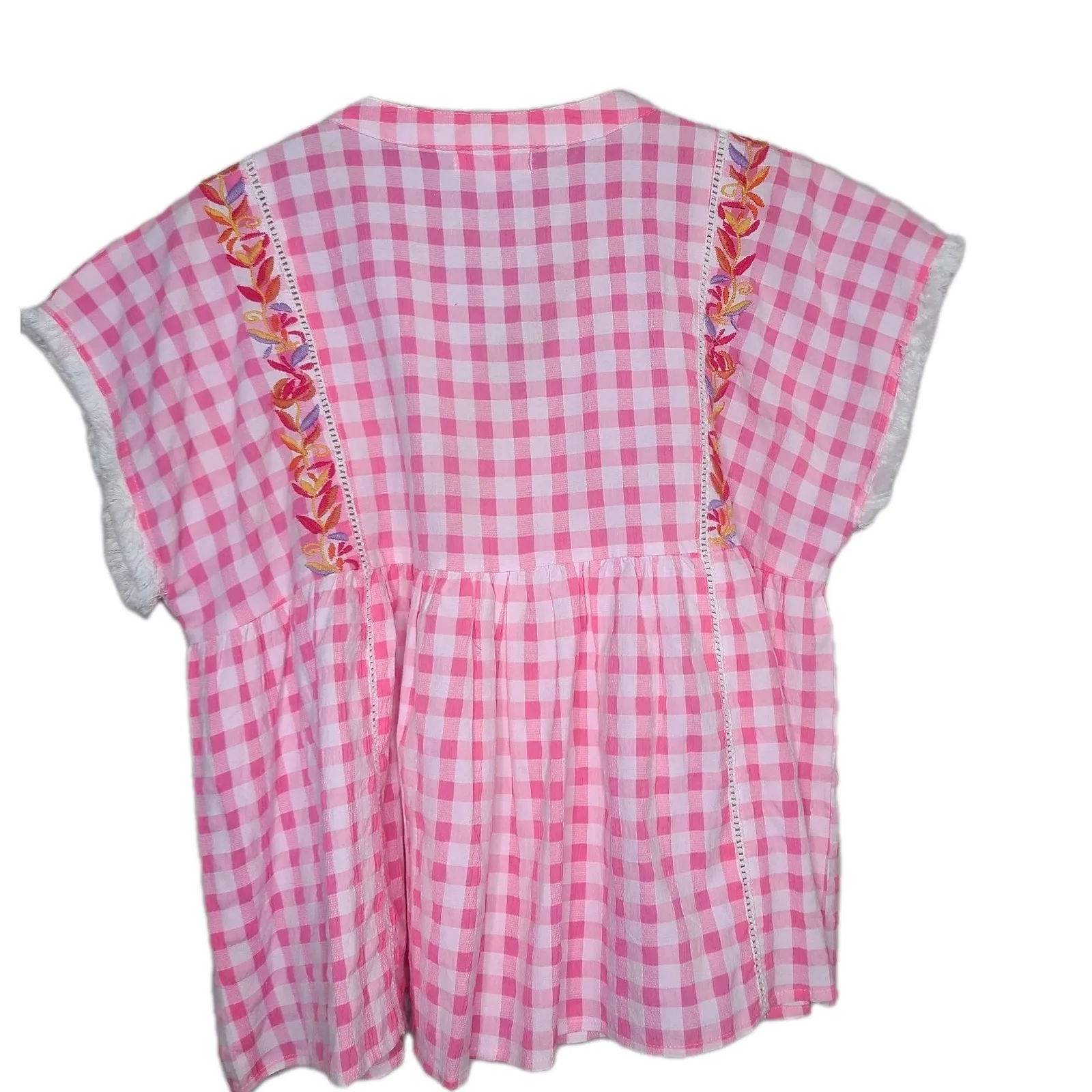 THML Anthropologie Bohemian Gingham Geometric Embroidered Blouse‎ Top Shirt Sz M - Image 5