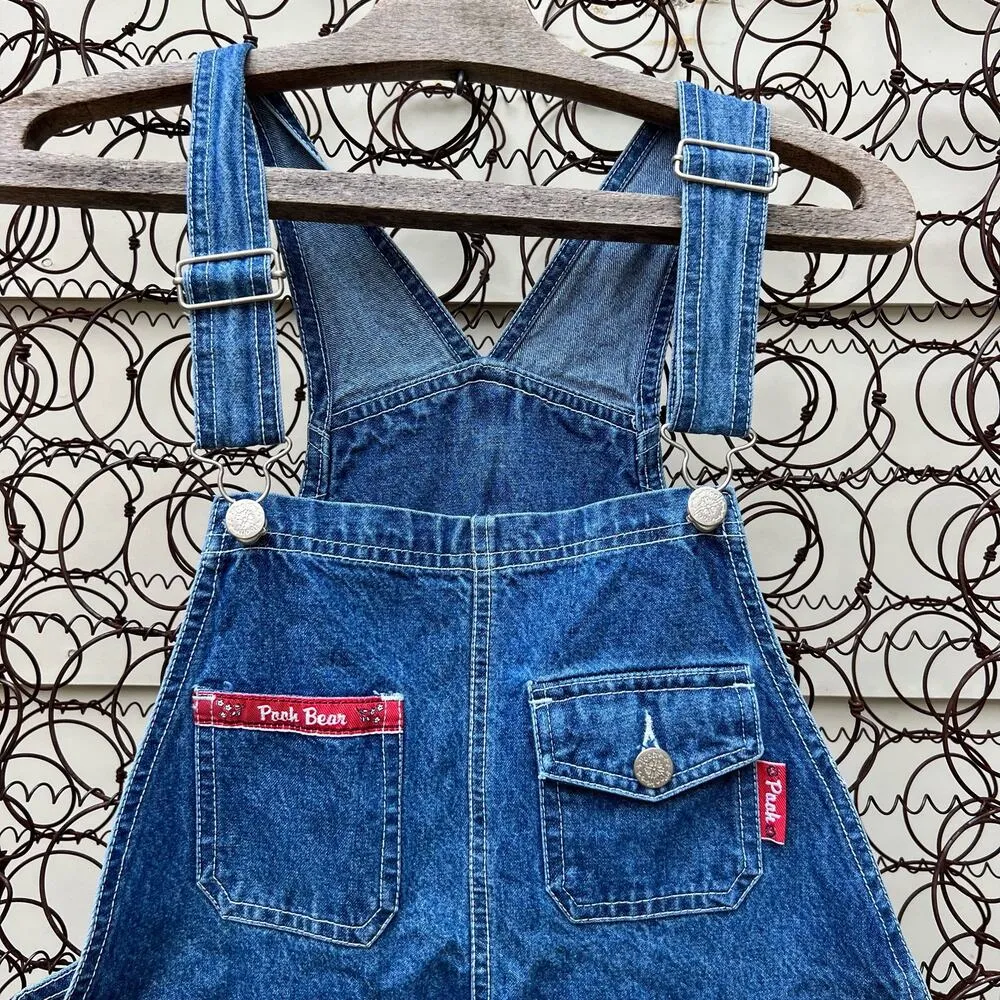 Vintage 90s Y2K Pooh Logo Image Denim Jean Shortalls Overalls Multi Pocket SMALL - Image 2