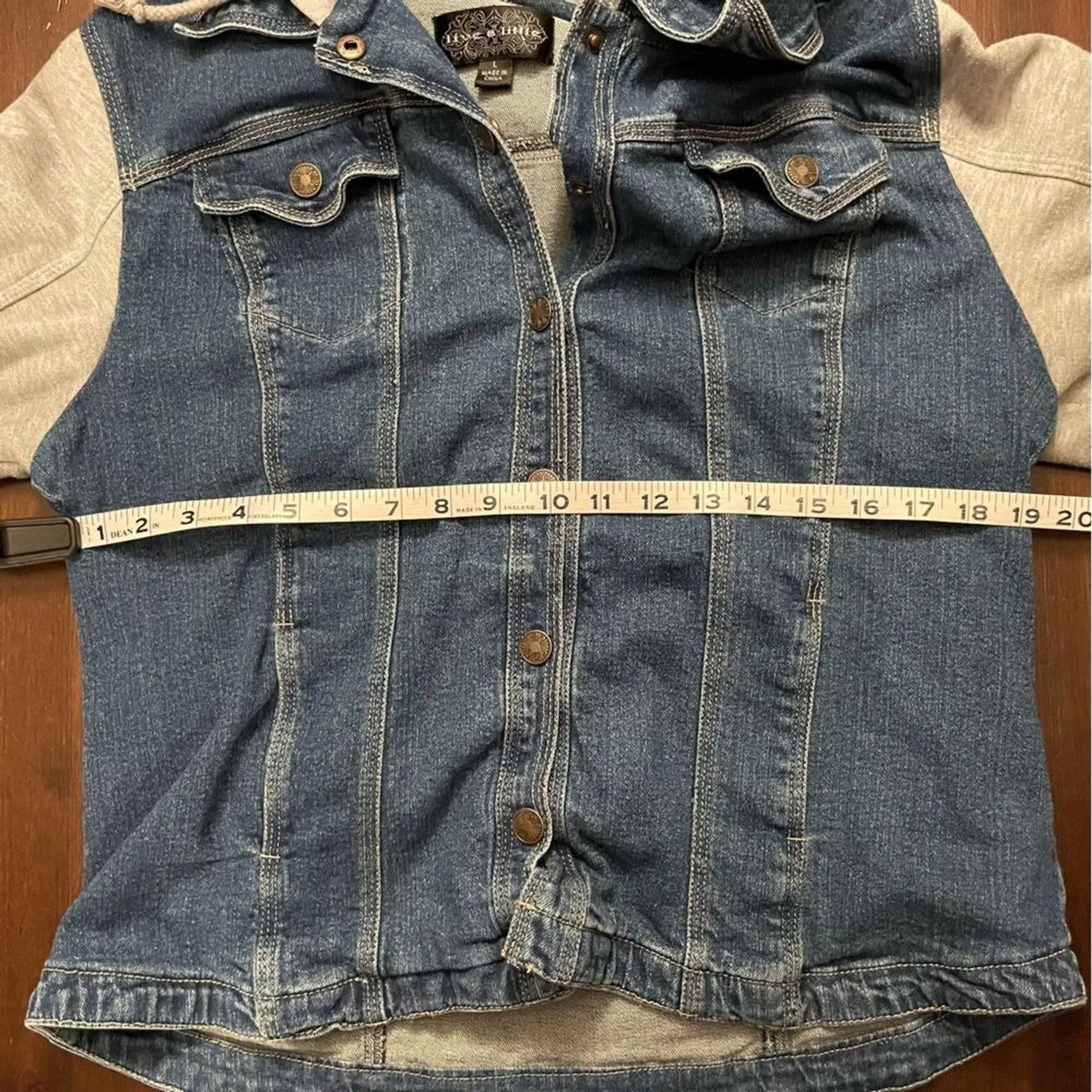 Live a Little Women's Denim Jacket Hooded Jean Jacket Gray Sweatshirt Sleeves L - Image 10