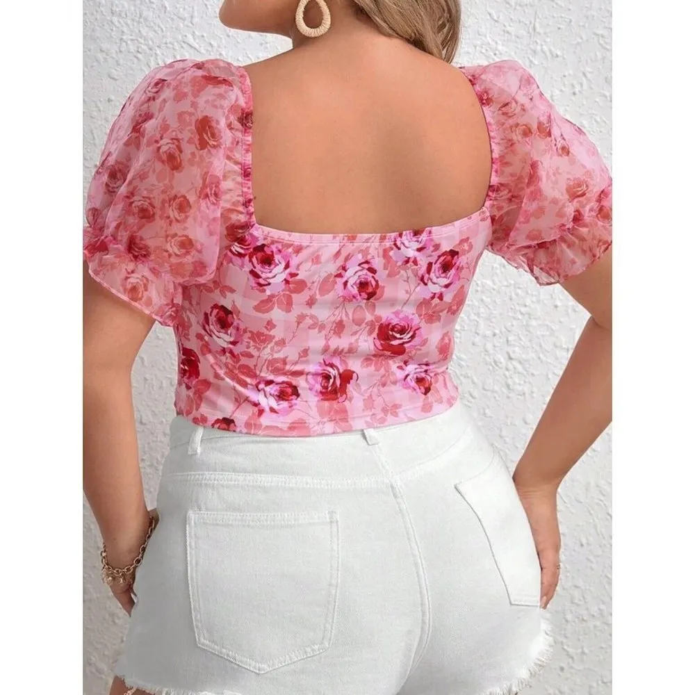 SHEIN Floral Print Knot Front Pink Crop Blouse Puffy Sleeve Size L Sheer Sleeve - Image 2