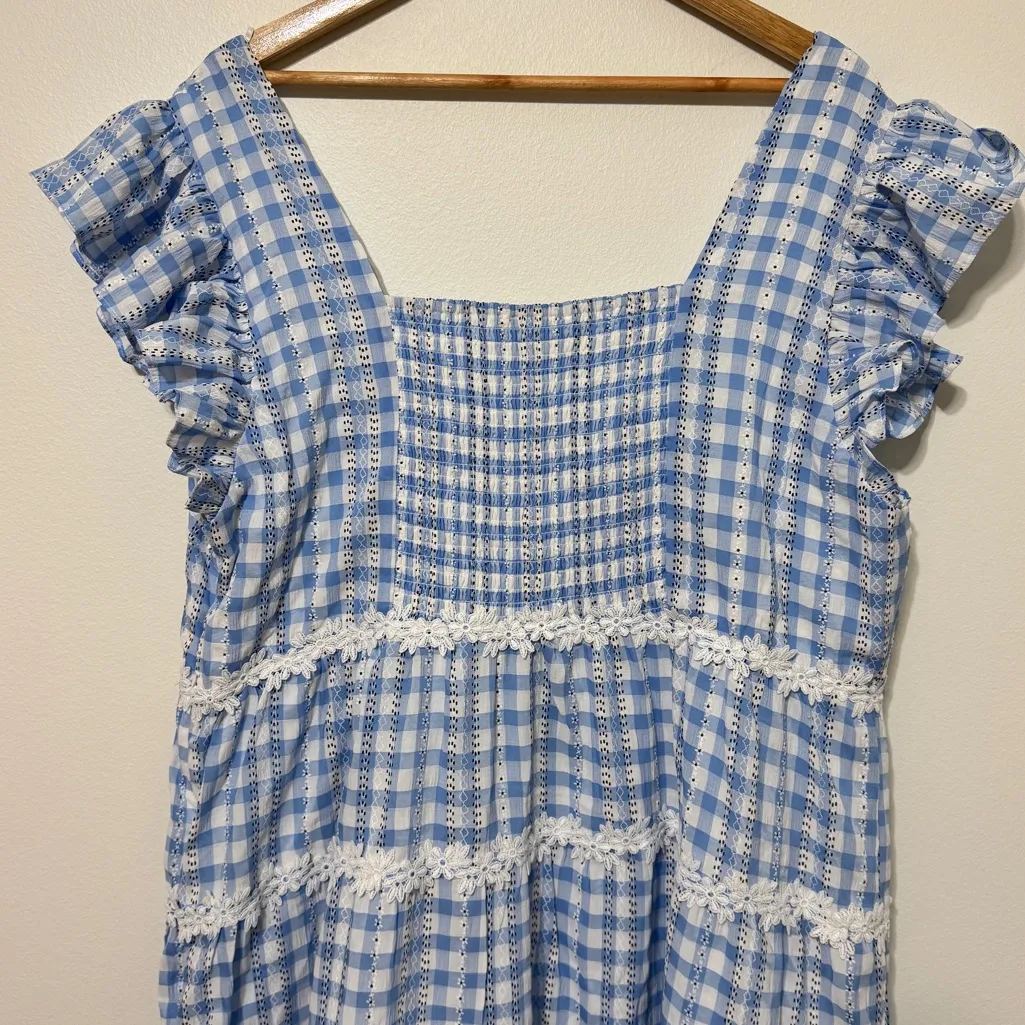 English Factory Gingham Midi Dress Size 2X Tiered Cotton Blue - Image 8