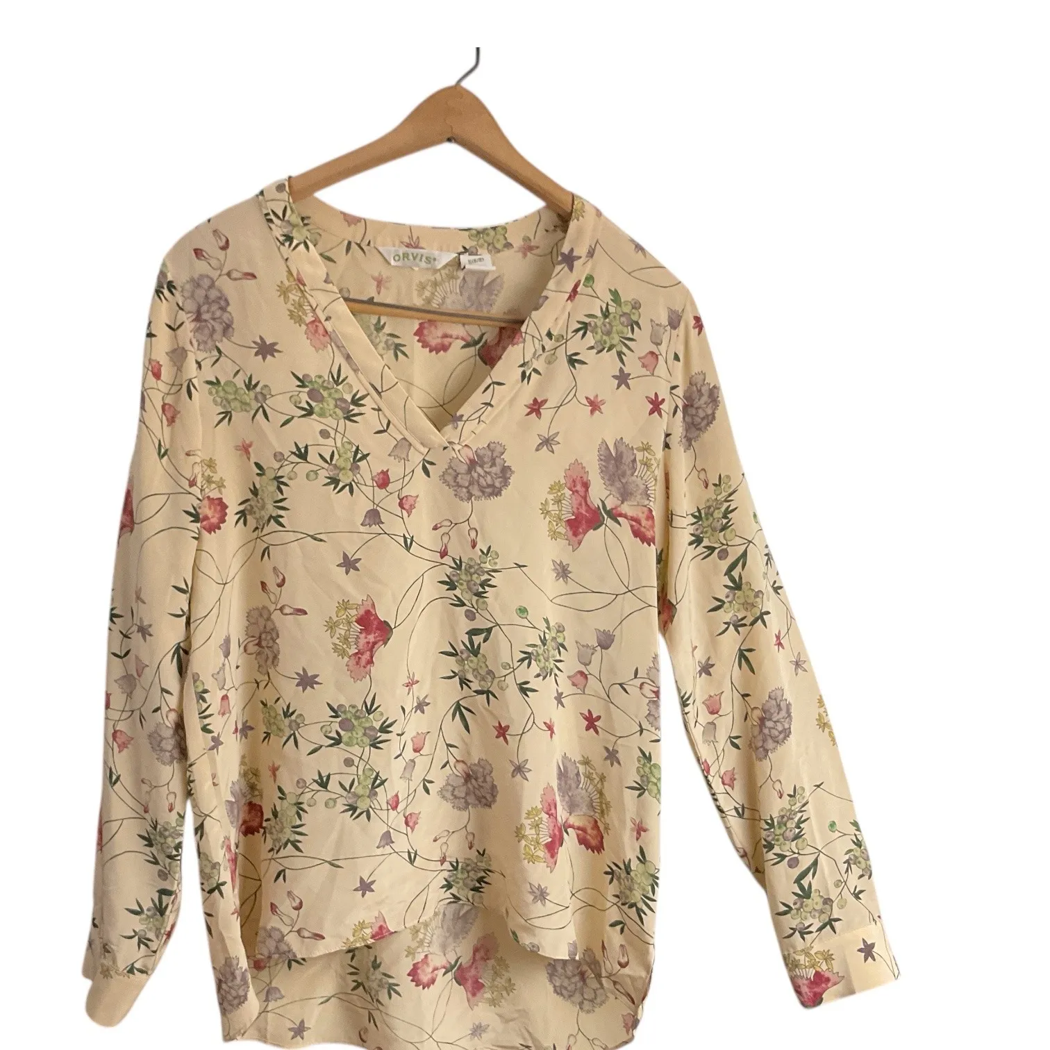 ORVIS Womens Beige Silk Floral Print Long Sleeve V Neck Blouse Top - Image 6
