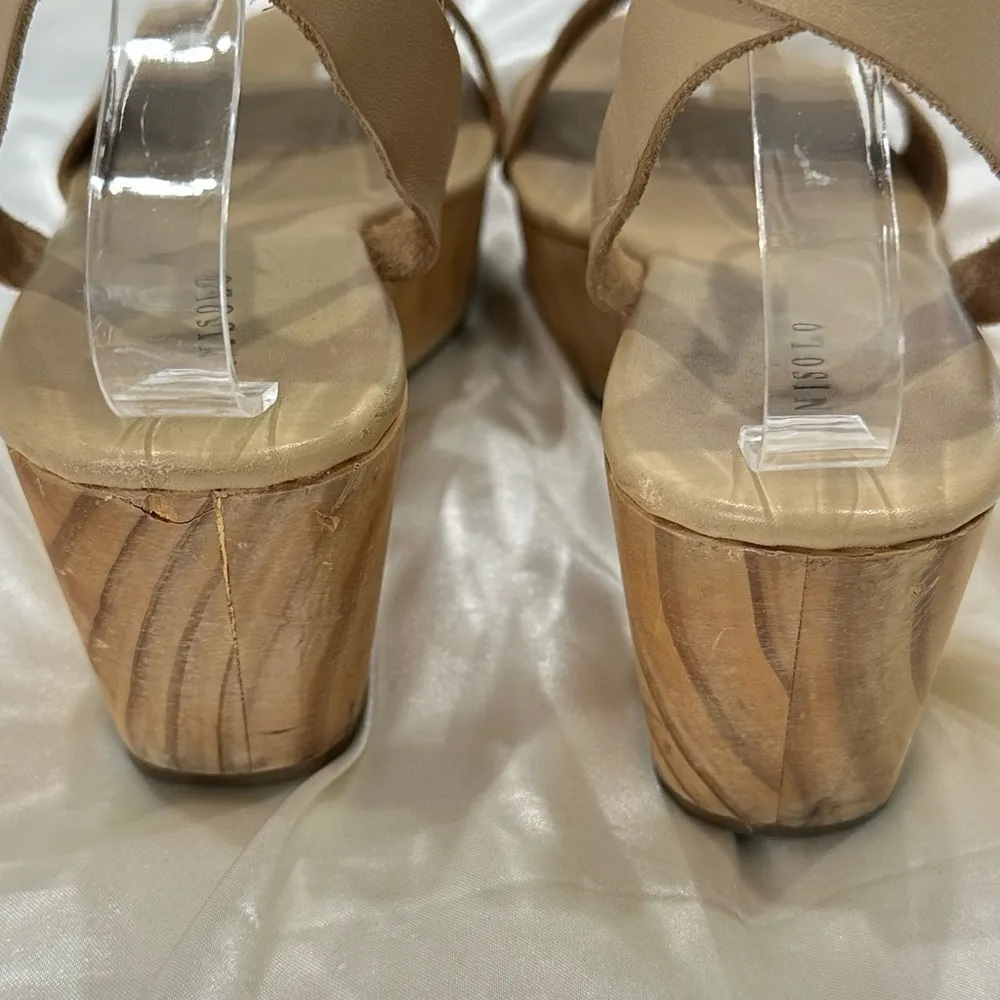 Nisolo Sarita Wooden Wedge Sandal Leather Wrap Ankle Strap Buckle Beige Size 9 Tan - Image 8