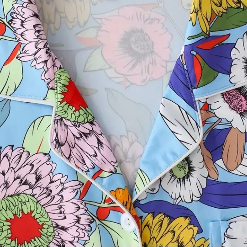 Bright Floral Pajama Set – Short Sleeve Button Top + Shorts – Size XL Blue - Image 3