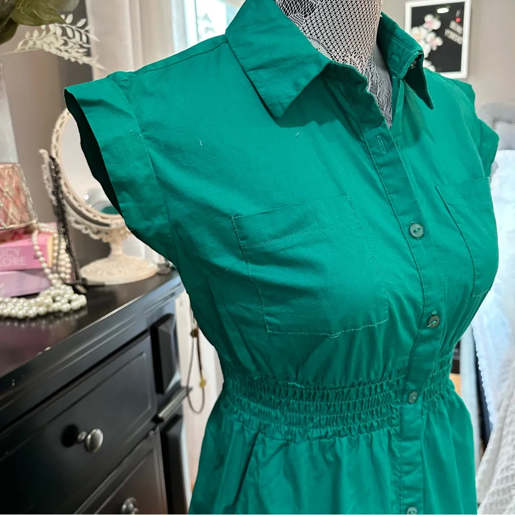 Monteau Los Angeles Emerald Green Button Front Shirtdress – Cinched Waist Medium - Image 5