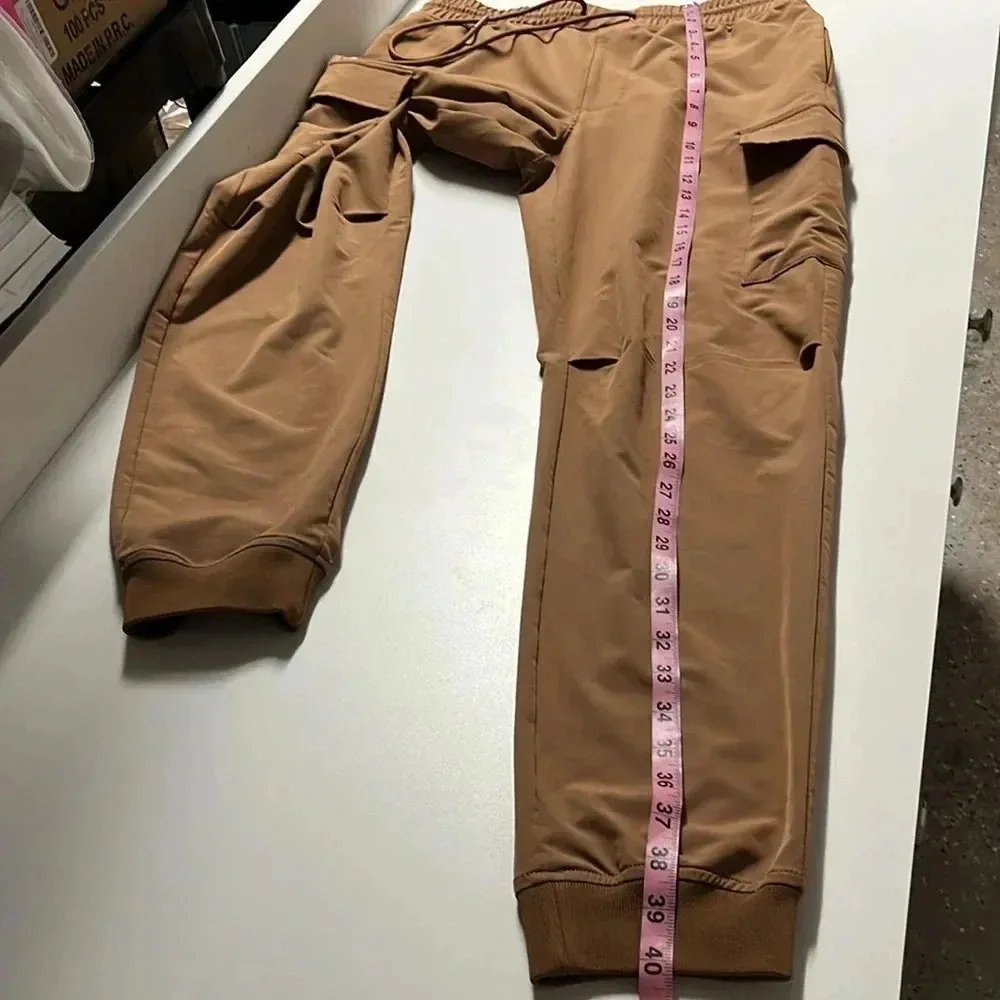 Hedge neutral cargo joggers medium pants unisex windbreaker material drawstring Tan - Image 12