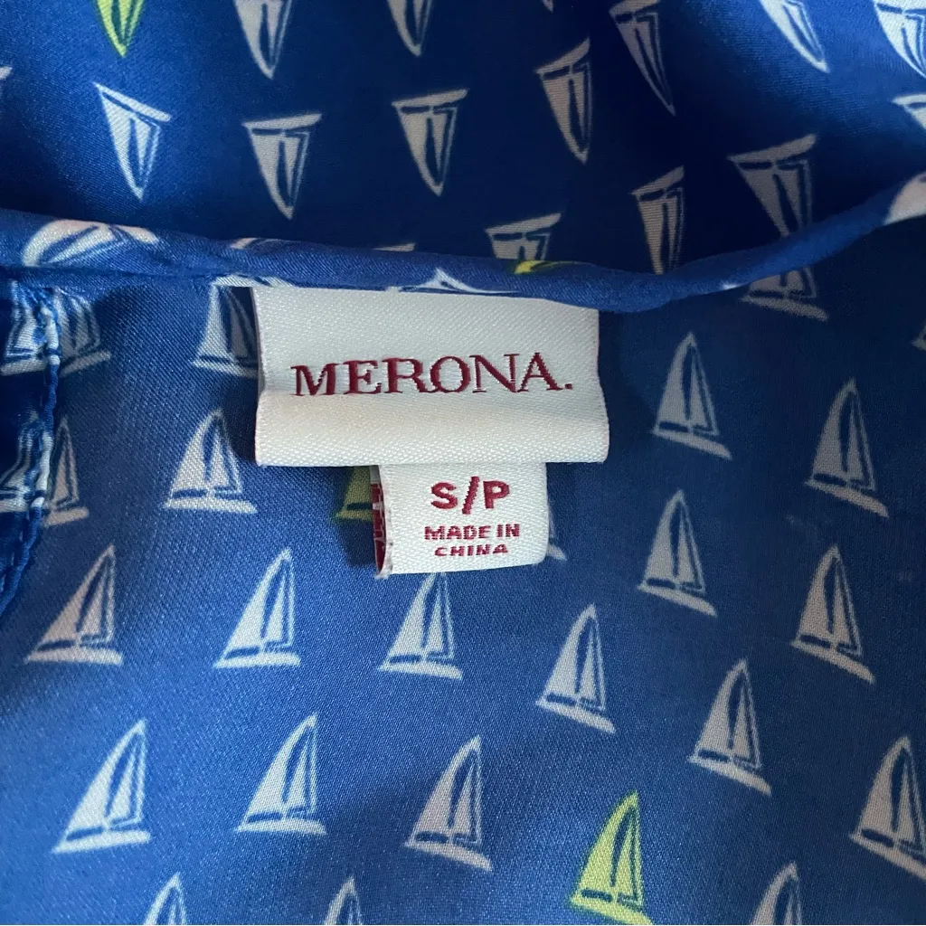 Merona Blue White Yellow Sailboat Print Long Sleeve Blouse Size Small - Image 3