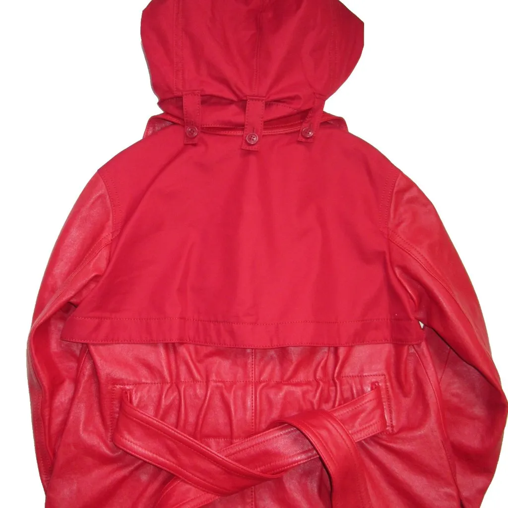 NWT Coach Leather Trench Coat in Red With Ruching Detail Belt Removable Hood 6 - Image 13