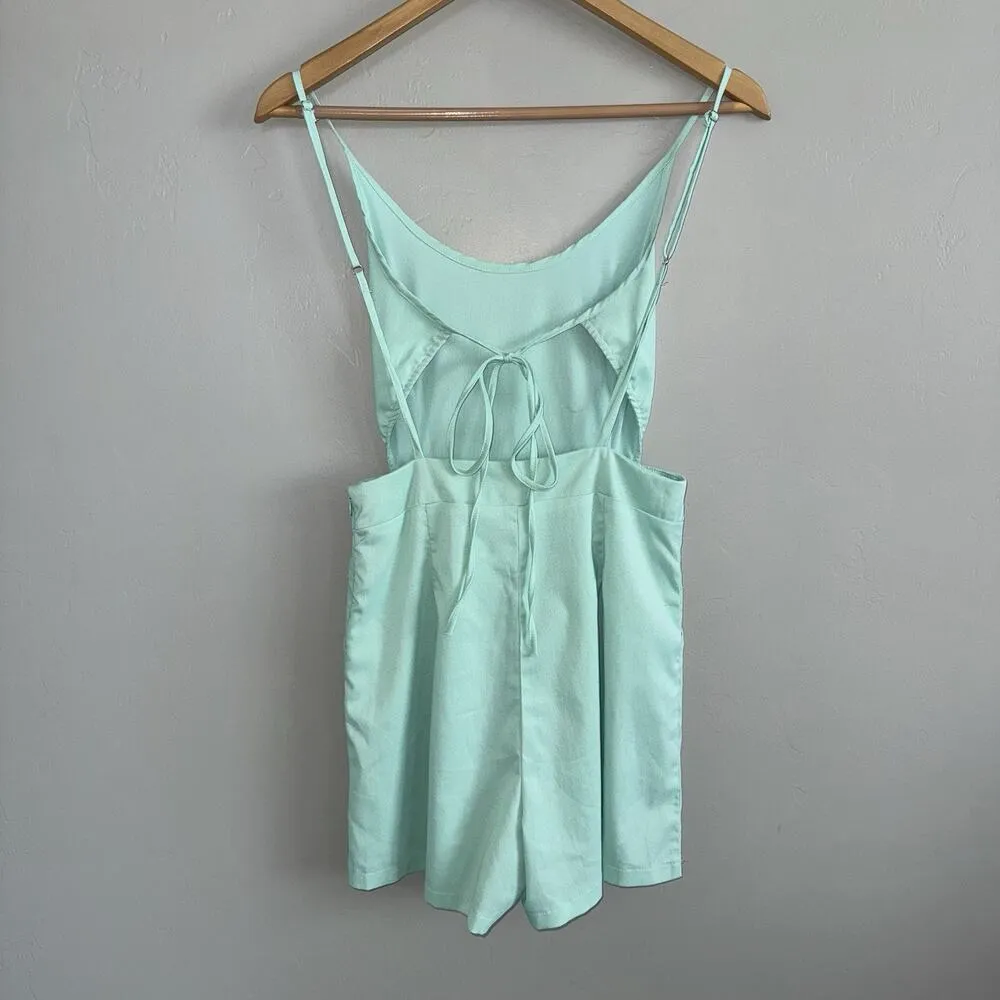 Tea & Cup  Women’s Romper Size S Sage Blue Green Open Back Spaghetti Strap - Image 2