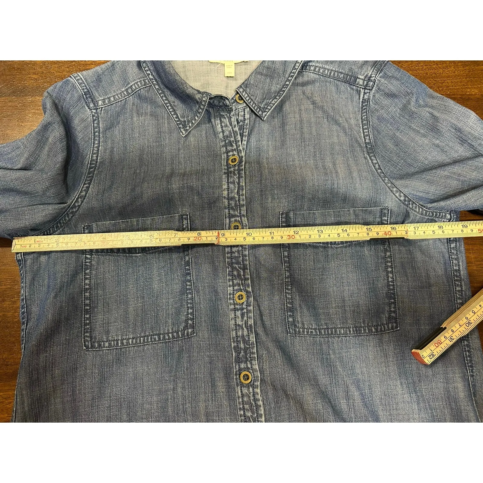 Eileen Fisher Denim Button Down Women PM Petite Medium Minimalist Western Aztec - Image 4