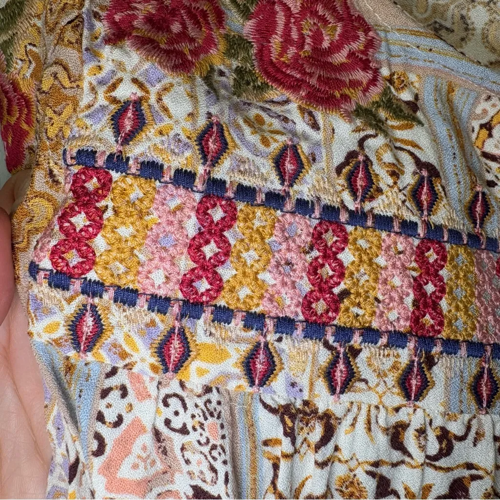 Savanna Jane Women's Boho Patchwork Embroidered Blouse‎ Top Peasant Size Small Tan - Image 8