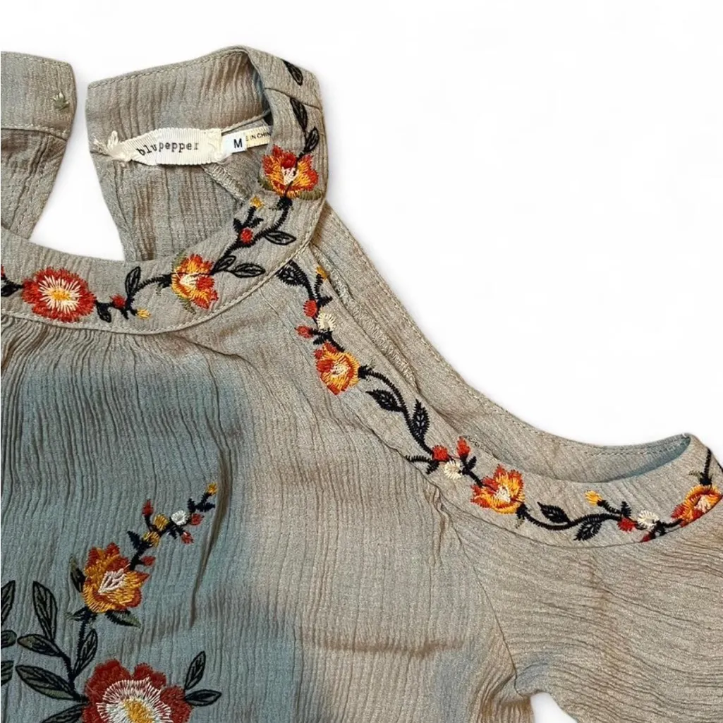 Blu Pepper Blue Embroidered Cold Shoulder Bell Sleeve Dress Aritzia Sz M - Image 2