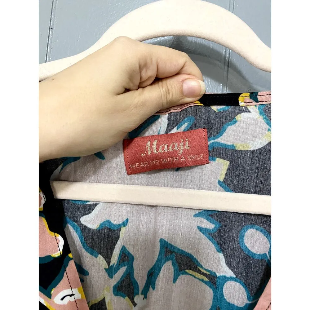 Maaji Navy Floral Button Front Long Sleeve V-neck Beach Cover Up Maxi Dress M - Image 2