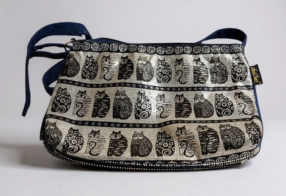 Laurel Burch Wild Cats Black White Navy Foiled Crossbody Bag Adjustable - Image 1