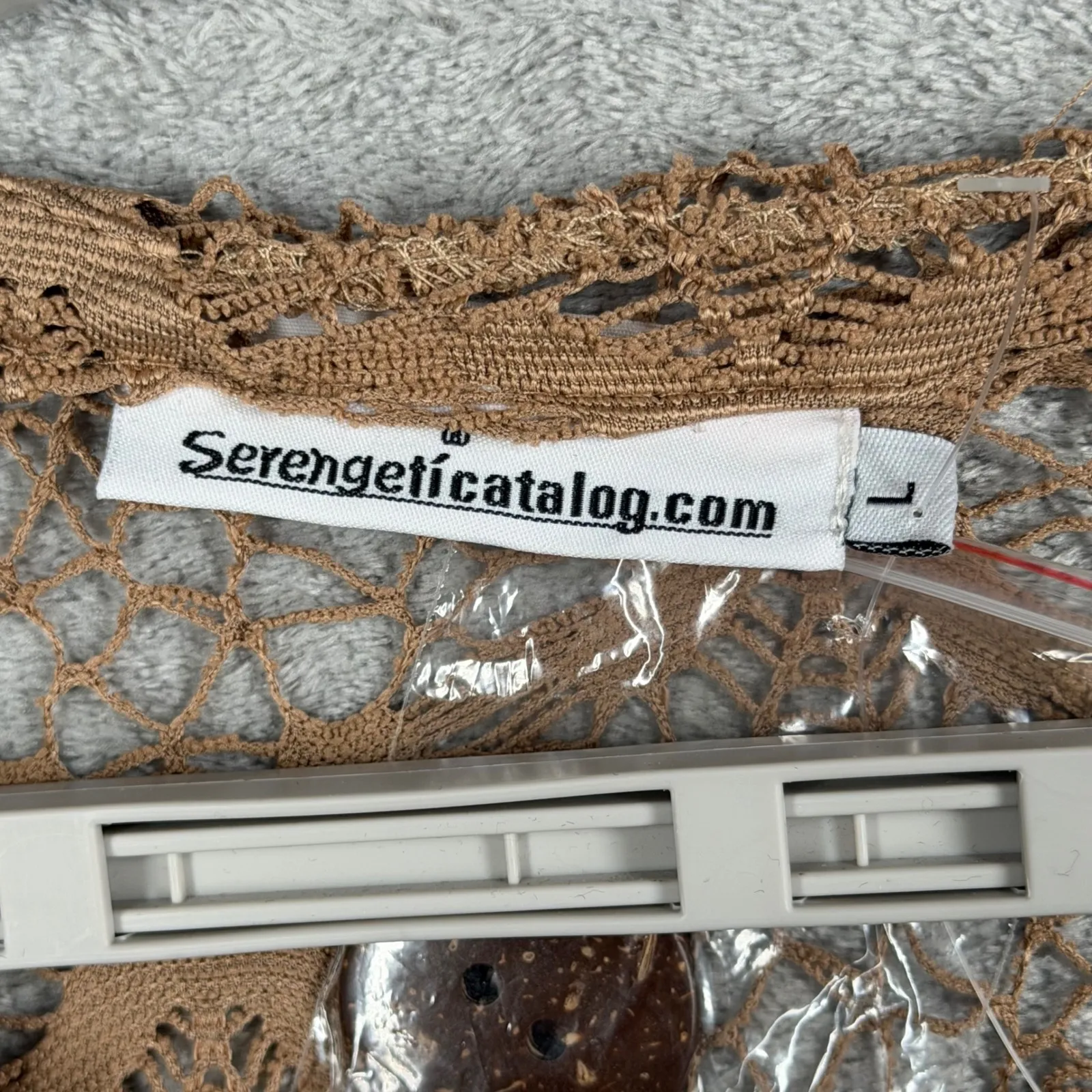 Serengetí L Cardigan Knit Crochet Cover Up Beige Macrame Coconut Button Top Brown Size L - Image 6