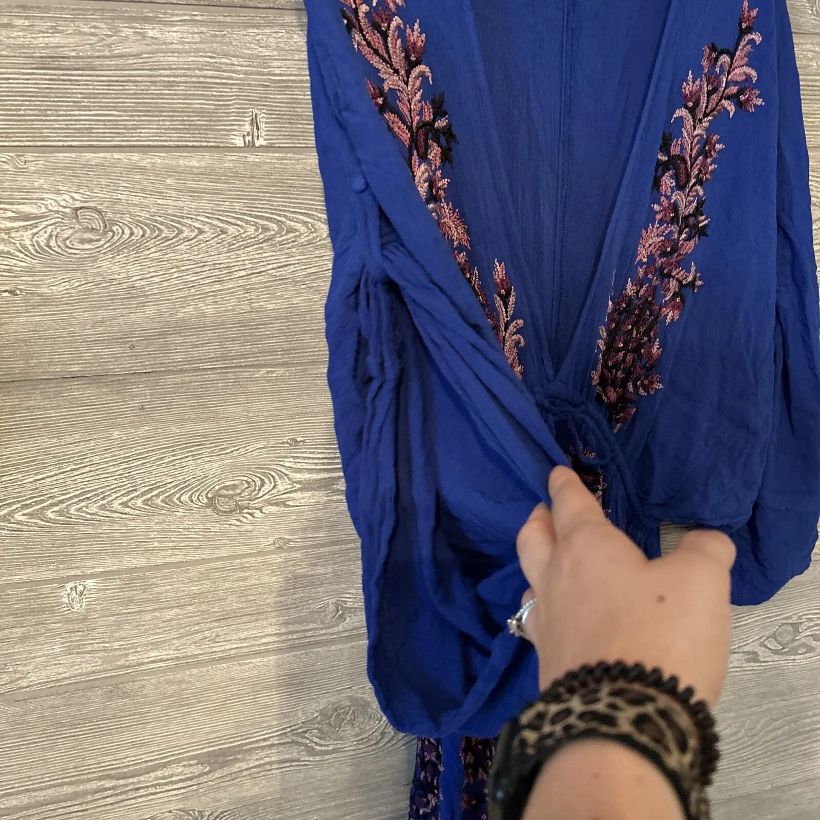 Free People Dress Blue Bohemian Kimono Sleeve w/ Floral Embroidery Size S - Image 3