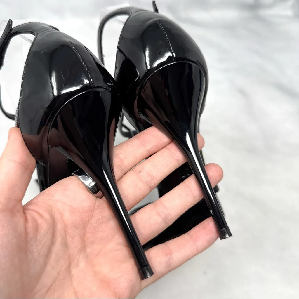Saint Laurent YSL Cassandra Patent Leather Strappy Sandal Heel Designer Black 37 - Image 9