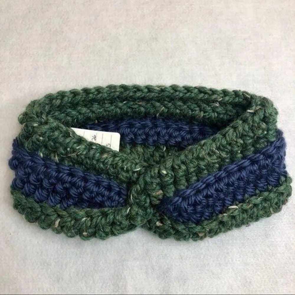 Wool Green and Navy Crochet Twist Ear Warmer Headband - Image 7