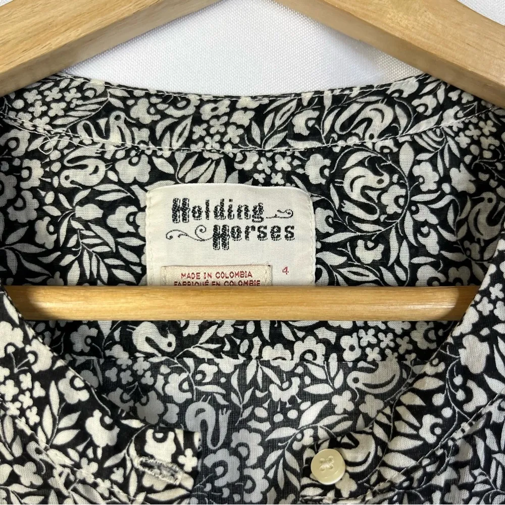 Anthropologie Holding Horses Zellige Black & White Bird Print Long Sleeve 4 - Image 4