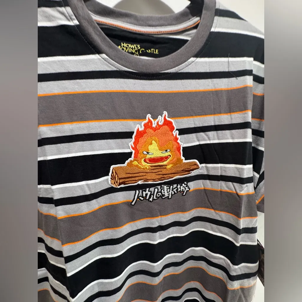 Studio Ghibli Howl's Moving Castle Calcifer Embroidered Striped T-Shirt - Image 3