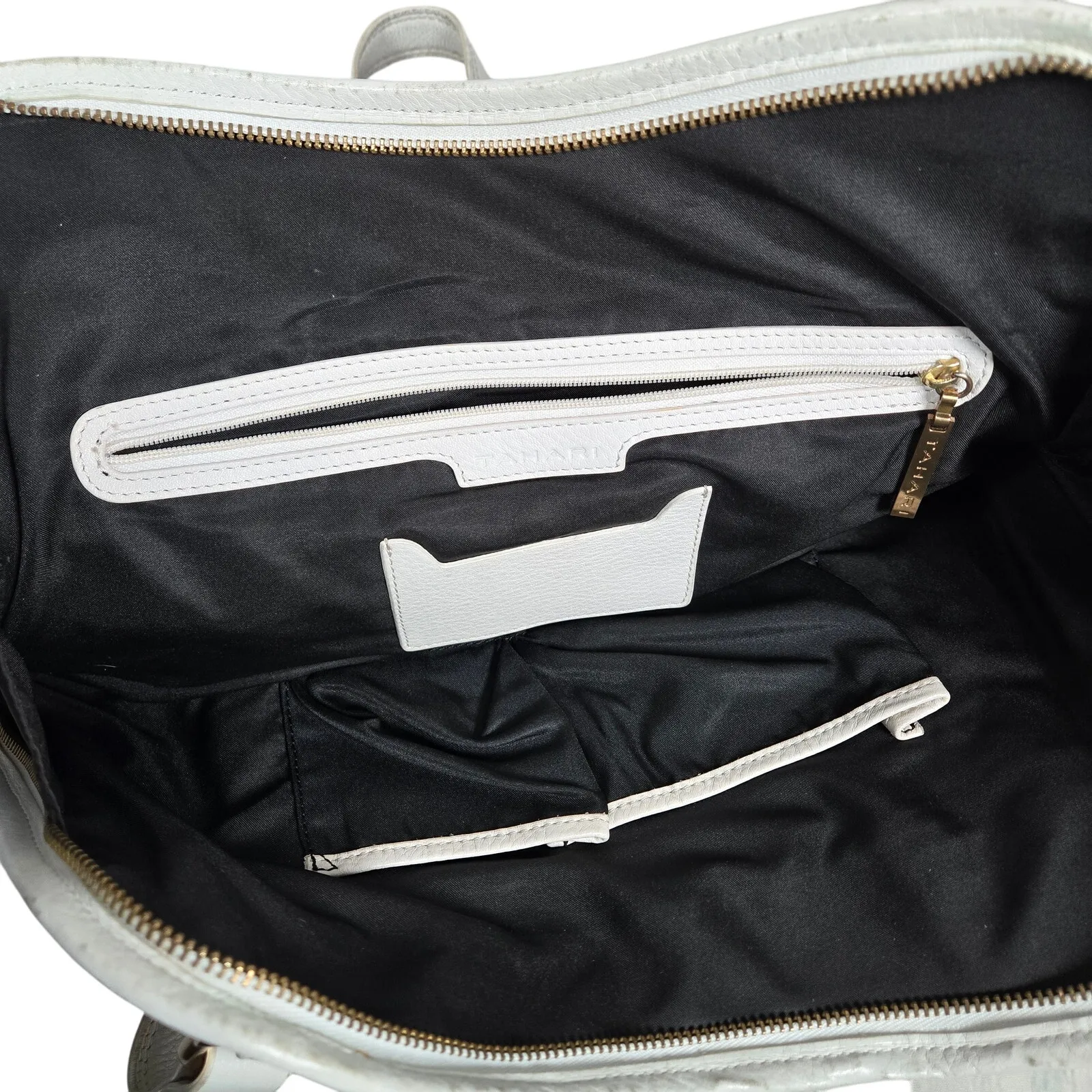 Tahari White Leather Ruffle Accent‎ Tote Bag Shoulder Bag Gold Hardware Dome - Image 11