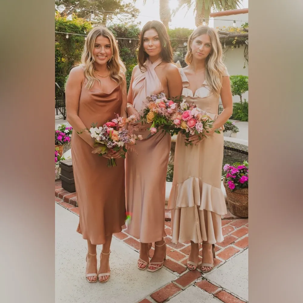 SHOW ME YOUR MUMU Jasmine Halter Midi Dress In Rose Gold Luxe Satin - Image 6