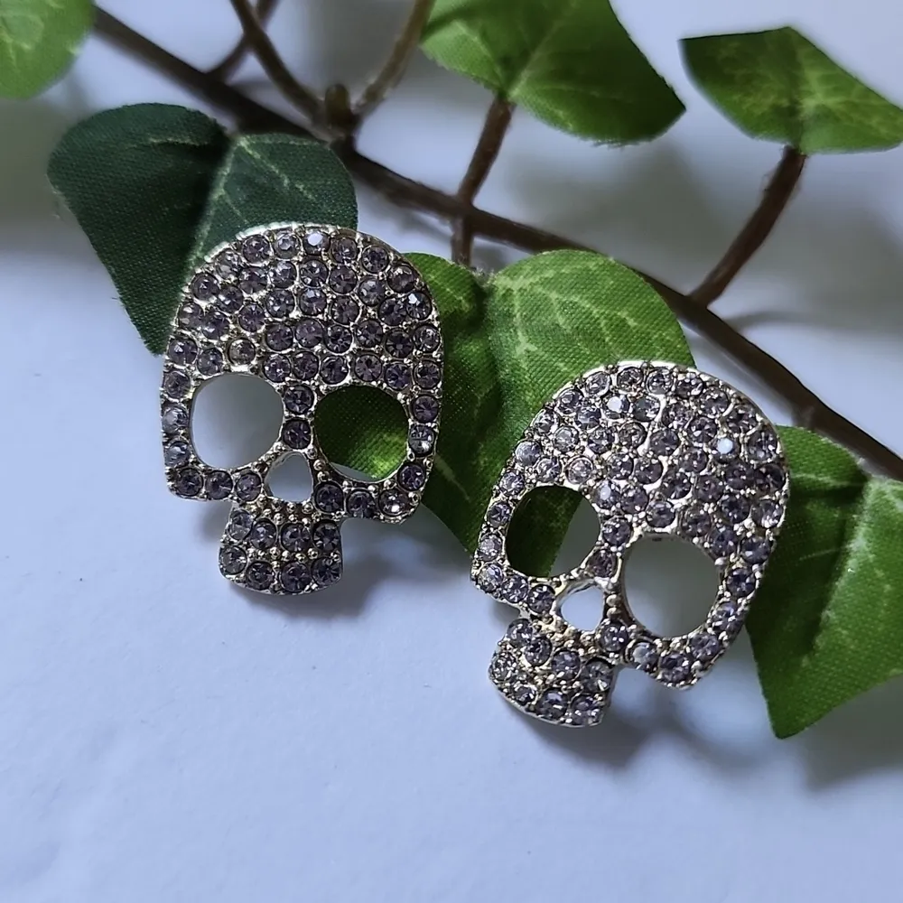 Silver with Crystal Rhinestones Skull Earrings - Image 4