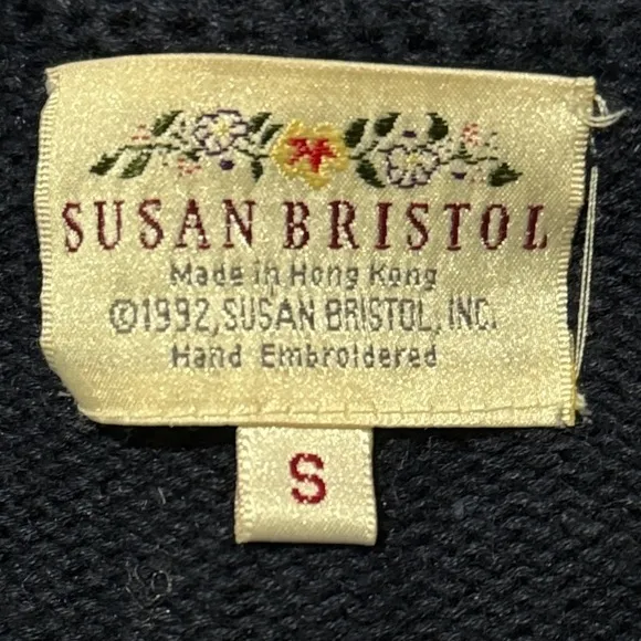 Vintage Floral‎ hand Embroidered Knit Sweater Navy V - Image 9