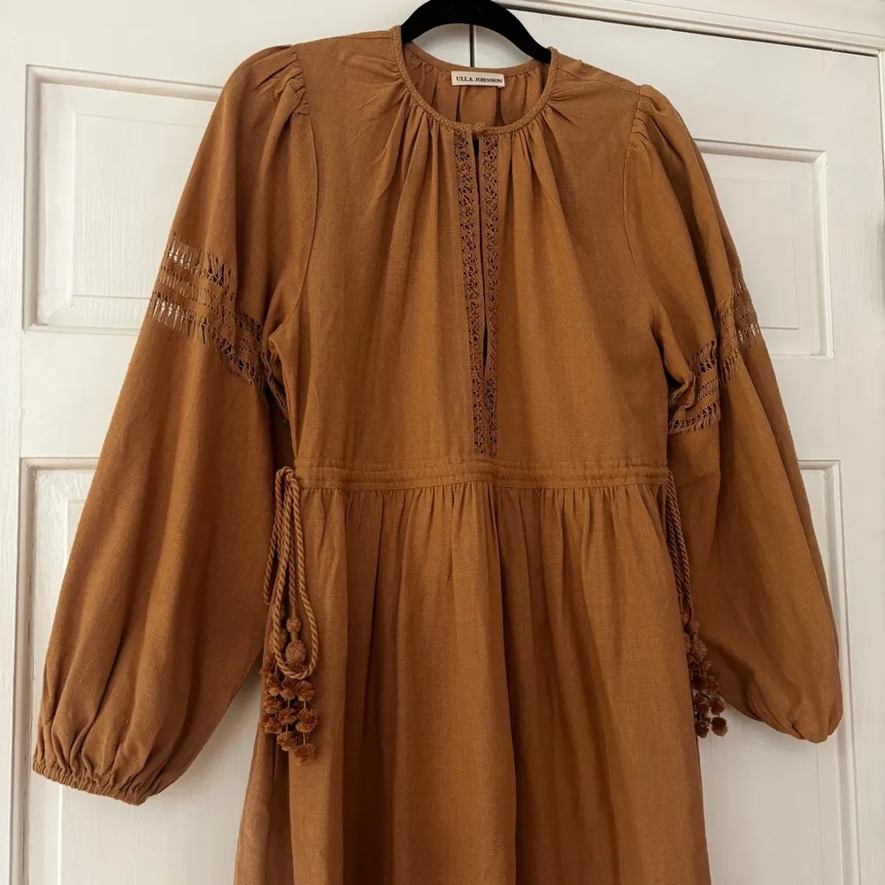 Ulla‎ Johnson Raw Silk Kalea Midi Dress Clay Size 4 Fringe Boho Bohemian Fringe - Image 4