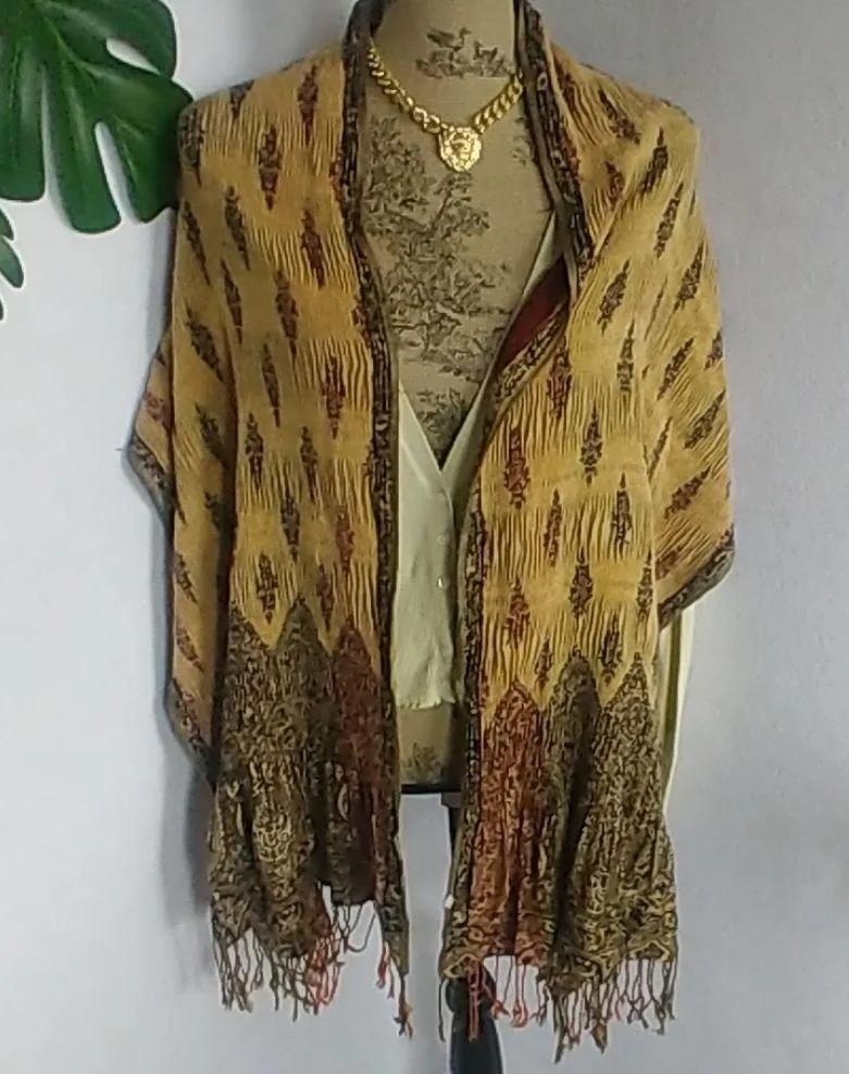 Bohemian Print Scarf / Wrap with Fringe Black - Image 4