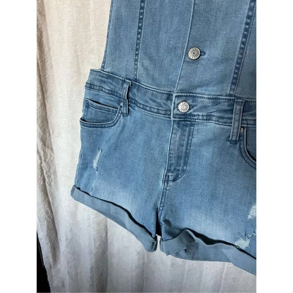 Celebrity Pink Blue Jean Short Overalls Woman’s Size Medium - Image 3