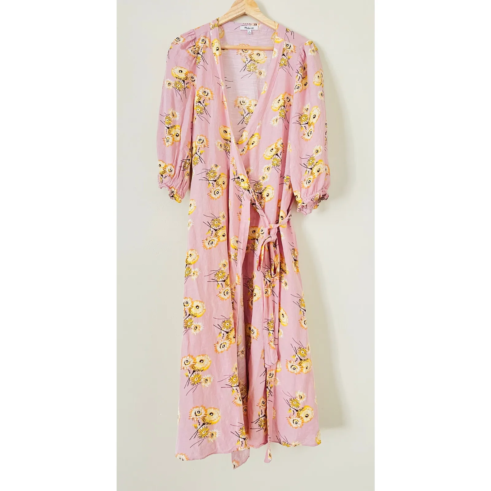 Madewell Linen-Blend Ruffle-Cuff Wrap Dress Dutch Dandelions Medium Pink Floral - Image 5
