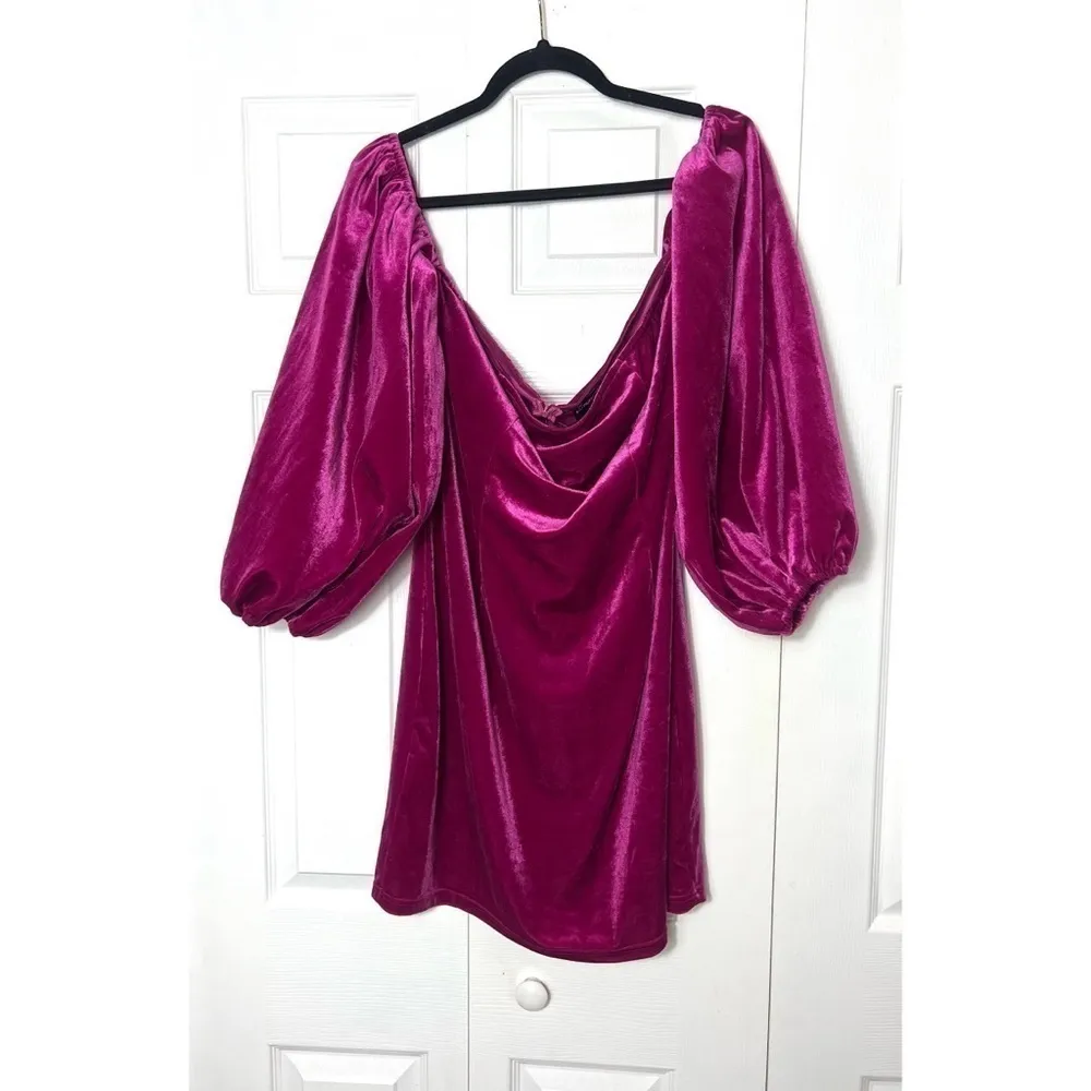 Pretty Little Thing Fuchsia Pink Velvet Puff Sleeve Bodycon Mini Dress XL 14 - Image 6