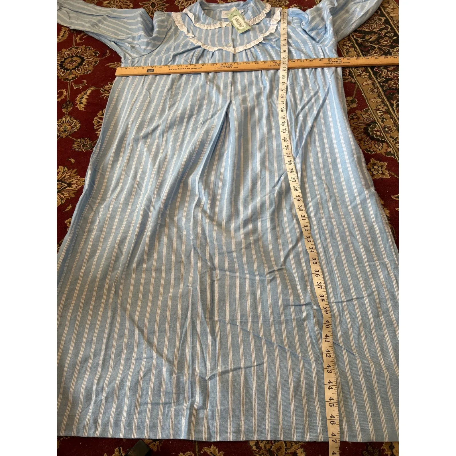 National Blue White Stripe‎ Long Sleeve Cotton Front Nightgown Lace Collar PXL - Image 10