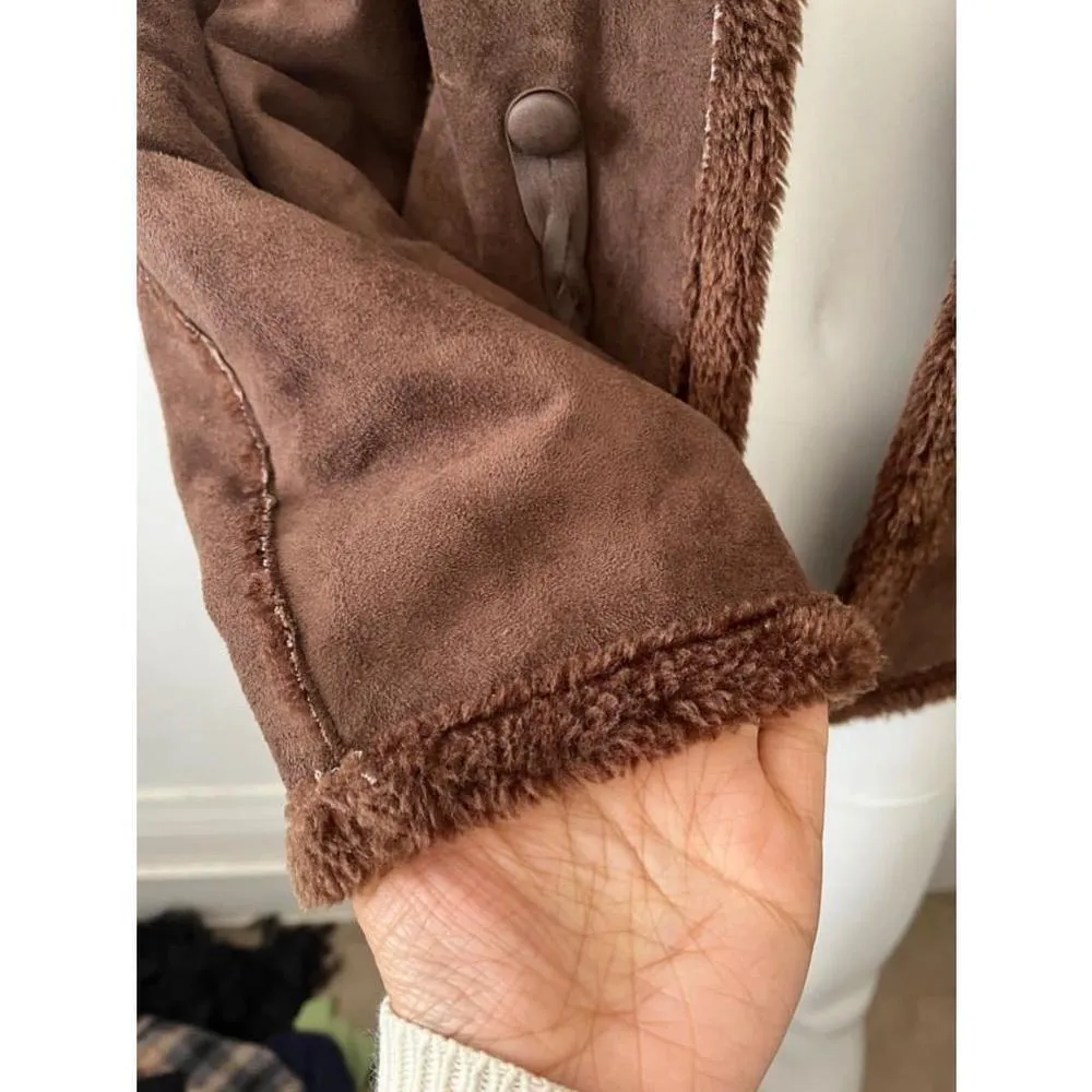 Anne Klein Brown italian leather shearling faux fur Sherpa Lined Jacket Size 4 - Image 4
