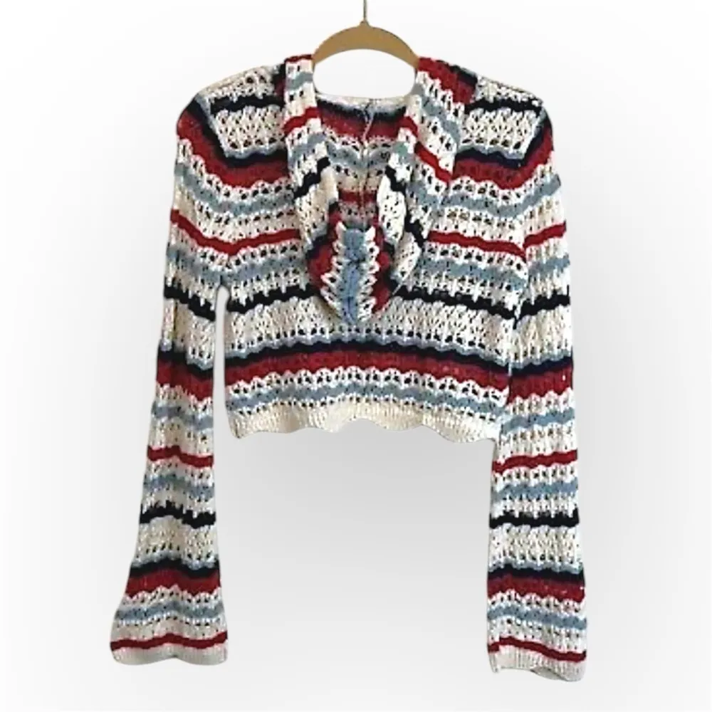 Rock & Roll Denim Pointelle knit pullover hoodie sweater, sz S,striped,scalloped Blue - Image 2